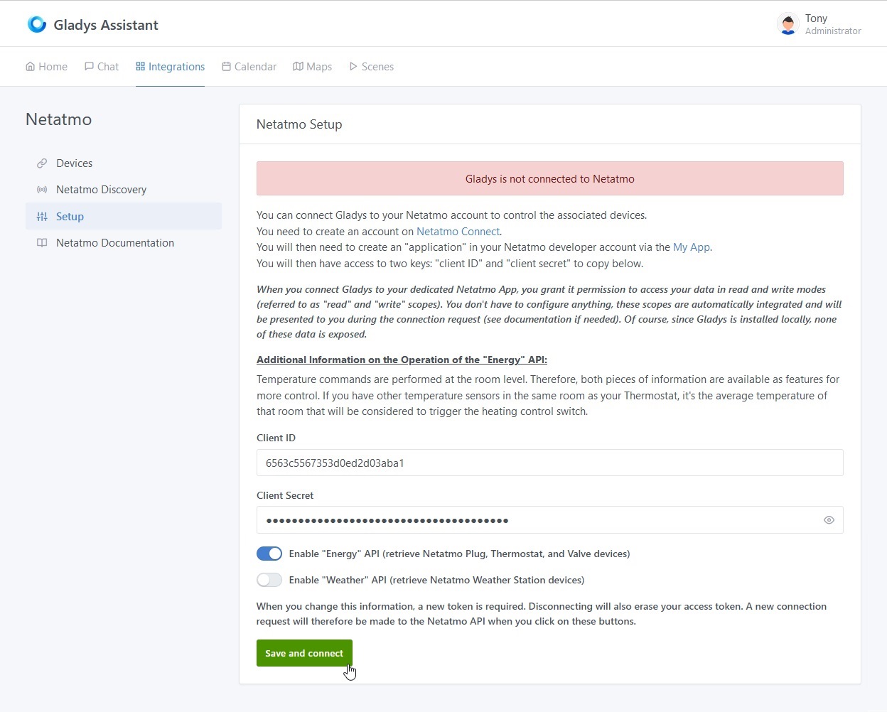Netatmo Integration - Setup - Disconnected