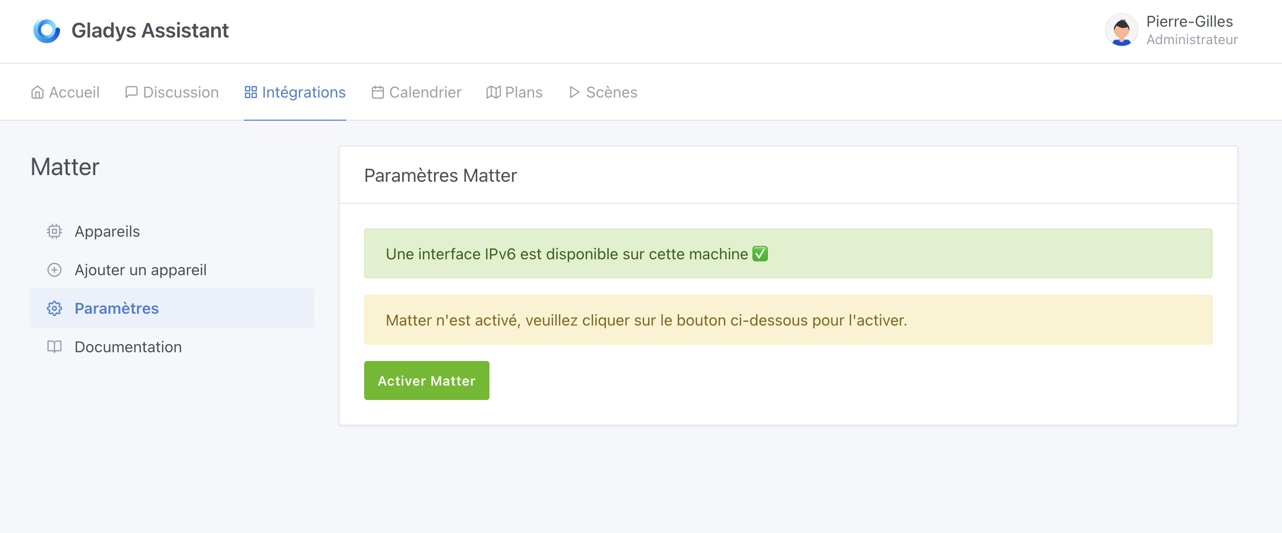 Activer Matter dans les paramètres Gladys