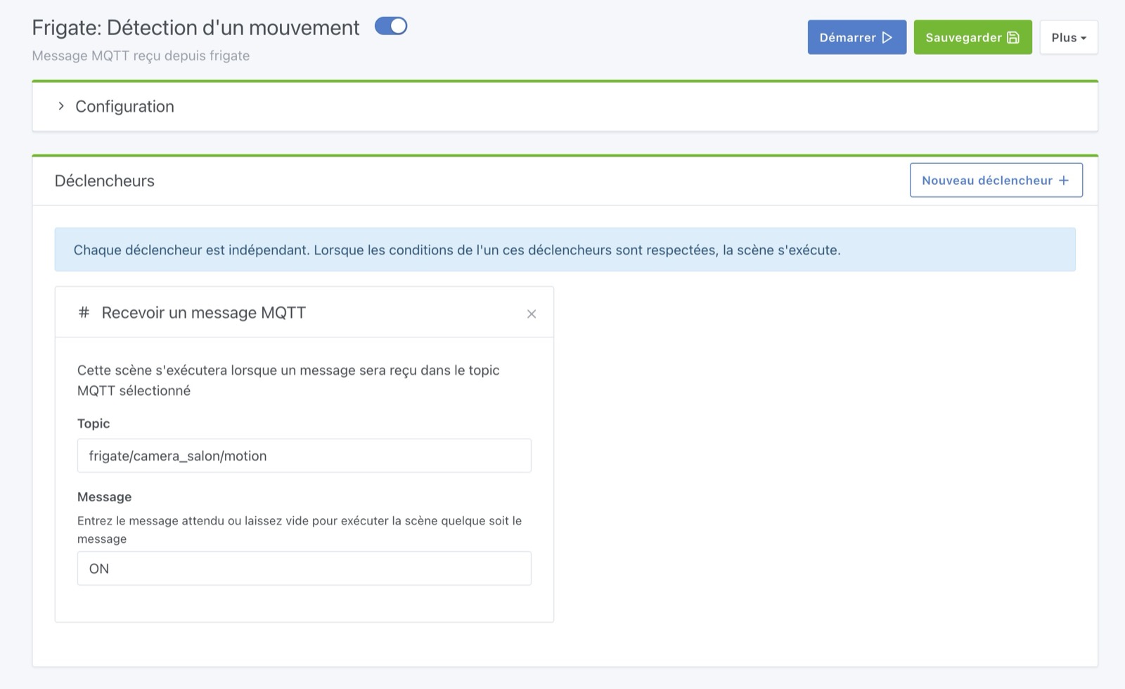 Scène réception d'un message MQTT Gladys